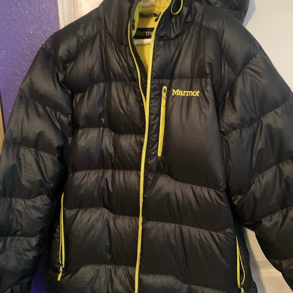 Marmot Black Jacket with Vibrant Yellow Zippers